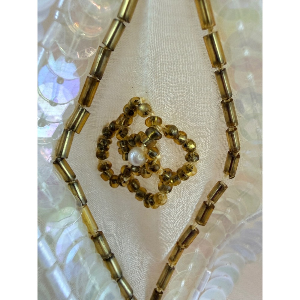 Vintage Silk Beaded Sequin Top White Gold Mermaidcore Pearl Beaded - Picture 3 of 9